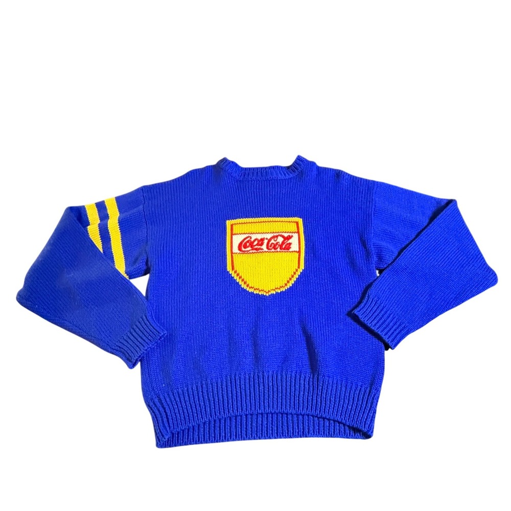 Vtg 80s Coca Cola Varsity Shield Knit Sweater Blue Yellow Stripe Small Pit 19.75